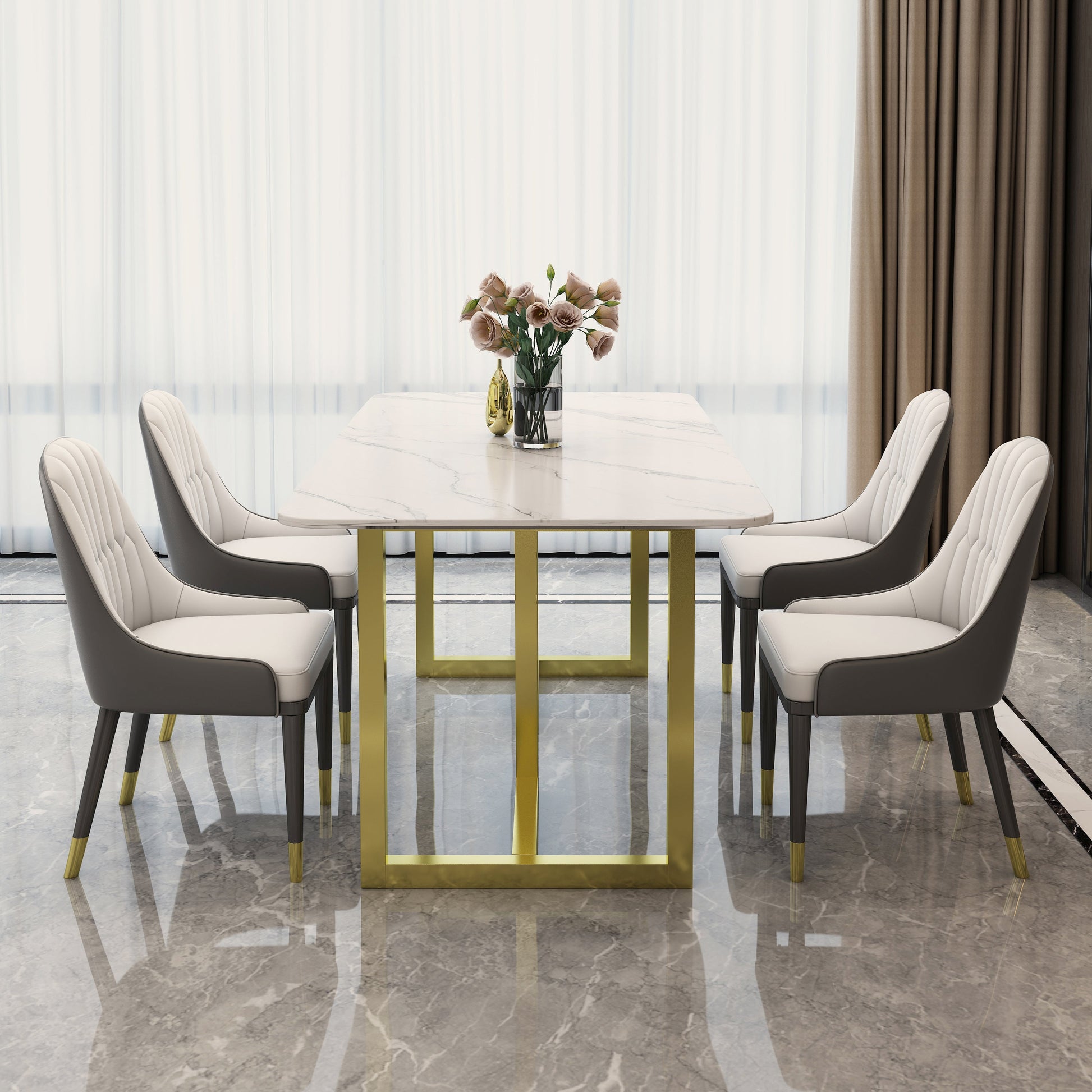Rectangle Traditional Luxury Dining Table White Sintered Stone Table with Gold Double Pedestal Clearhalo ' dining_table' 'Dining Tables & Seating' 'Dining Tables' 'furn' 'furn_dining_table' 'Furniture' 'furniture_dining_table' 'Kitchen & Dining Furniture' 'kitchen&dining_furn' 'kitchen' 'kitchen_dining_table' 4159266
