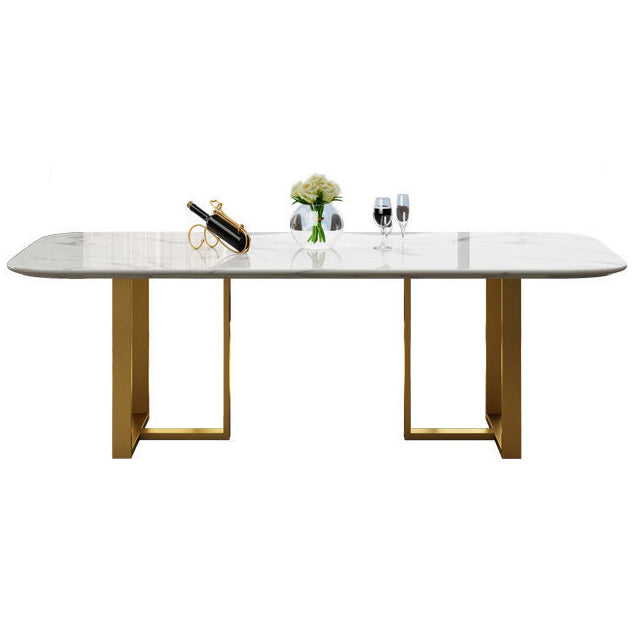 Rectangle Traditional Luxury Dining Table White Sintered Stone Table with Gold Double Pedestal Without Chairs Clearhalo ' dining_table' 'Dining Tables & Seating' 'Dining Tables' 'furn' 'furn_dining_table' 'Furniture' 'furniture_dining_table' 'Kitchen & Dining Furniture' 'kitchen&dining_furn' 'kitchen' 'kitchen_dining_table' 4159267