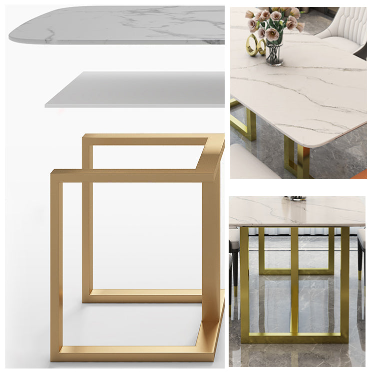 Rectangle Traditional Luxury Dining Table White Sintered Stone Table with Gold Double Pedestal Clearhalo ' dining_table' 'Dining Tables & Seating' 'Dining Tables' 'furn' 'furn_dining_table' 'Furniture' 'furniture_dining_table' 'Kitchen & Dining Furniture' 'kitchen&dining_furn' 'kitchen' 'kitchen_dining_table' 4159268