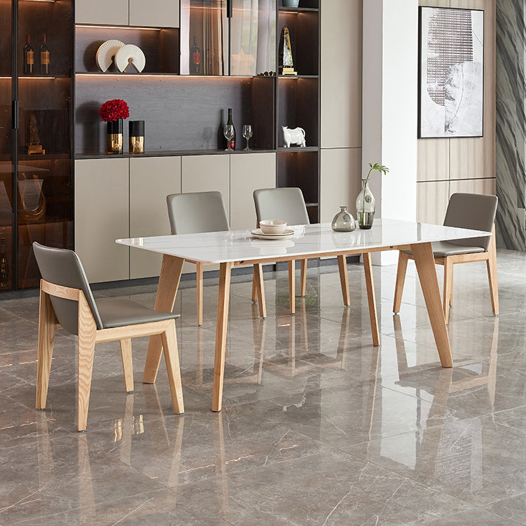 Rectangle Contemporary Dining Room Table White Sintered Stone Table with Ash Solid Wood Base Clearhalo ' dining_table' 'Dining Tables & Seating' 'Dining Tables' 'furn' 'furn_dining_table' 'Furniture' 'furniture_dining_table' 'Kitchen & Dining Furniture' 'kitchen&dining_furn' 'kitchen' 'kitchen_dining_table' 4159318