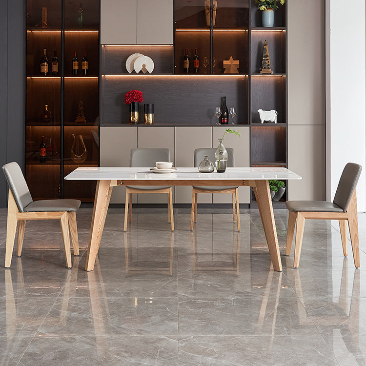 Rectangle Contemporary Dining Room Table White Sintered Stone Table with Ash Solid Wood Base Clearhalo ' dining_table' 'Dining Tables & Seating' 'Dining Tables' 'furn' 'furn_dining_table' 'Furniture' 'furniture_dining_table' 'Kitchen & Dining Furniture' 'kitchen&dining_furn' 'kitchen' 'kitchen_dining_table' 4159320