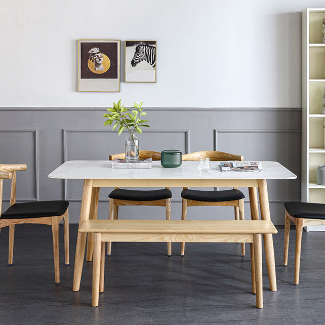 Rectangle Contemporary Dining Table White Sintered Stone Table with Ash Solid Wood Base Clearhalo ' dining_table' 'Dining Tables & Seating' 'Dining Tables' 'furn' 'furn_dining_table' 'Furniture' 'furniture_dining_table' 'Kitchen & Dining Furniture' 'kitchen&dining_furn' 'kitchen' 'kitchen_dining_table' 4159334