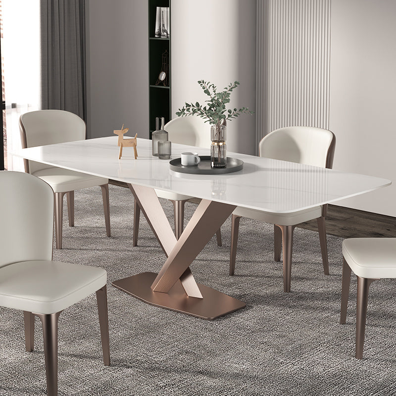 Traditional Luxury Dining Table Rectangle Sintered Stone Pedestal Table with Rose Gold Frame Clearhalo ' dining_table' 'Dining Tables & Seating' 'Dining Tables' 'furn' 'furn_dining_table' 'Furniture' 'furniture_dining_table' 'Kitchen & Dining Furniture' 'kitchen&dining_furn' 'kitchen' 'kitchen_dining_table' 4159371