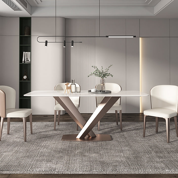 Traditional Luxury Dining Table Rectangle Sintered Stone Pedestal Table with Rose Gold Frame Clearhalo ' dining_table' 'Dining Tables & Seating' 'Dining Tables' 'furn' 'furn_dining_table' 'Furniture' 'furniture_dining_table' 'Kitchen & Dining Furniture' 'kitchen&dining_furn' 'kitchen' 'kitchen_dining_table' 4159372