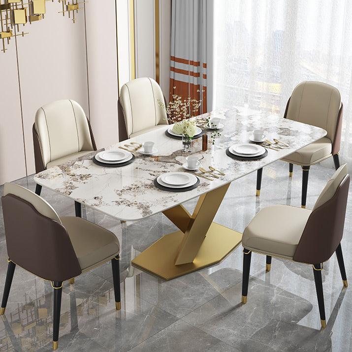 Metal Traditional Luxury Table Rectangle Sintered Stone Indoor Table with Pedestal Clearhalo ' dining_table' 'Dining Tables & Seating' 'Dining Tables' 'furn' 'furn_dining_table' 'Furniture' 'furniture_dining_table' 'Kitchen & Dining Furniture' 'kitchen&dining_furn' 'kitchen' 'kitchen_dining_table' 4195623