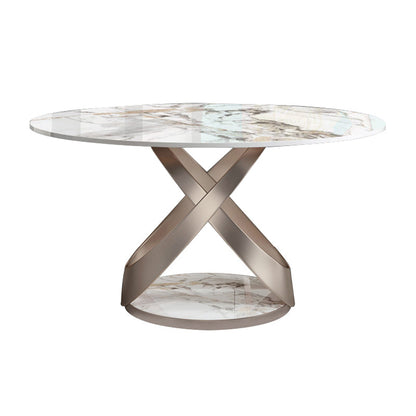 Glam Round Shape White Table Sintered Stone Standard Dining Table with Pedestal Base Fixed Table Without Chairs Clearhalo ' dining_table' 'Dining Tables & Seating' 'Dining Tables' 'furn' 'furn_dining_table' 'Furniture' 'furniture_dining_table' 'Kitchen & Dining Furniture' 'kitchen&dining_furn' 'kitchen' 'kitchen_dining_table' 4195823