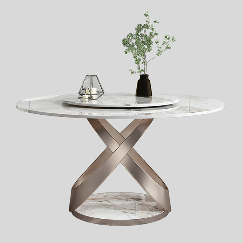 Glam Round Shape White Table Sintered Stone Standard Dining Table with Pedestal Base Lazy Susan Without Chairs Clearhalo ' dining_table' 'Dining Tables & Seating' 'Dining Tables' 'furn' 'furn_dining_table' 'Furniture' 'furniture_dining_table' 'Kitchen & Dining Furniture' 'kitchen&dining_furn' 'kitchen' 'kitchen_dining_table' 4195828