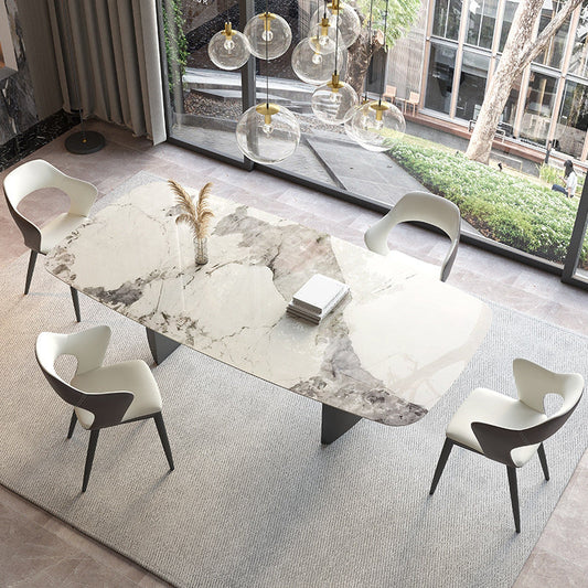 Rectangle Contemporary Dining Room Table White Sintered Stone Table with Black Metal Base