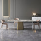 Rectangle Contemporary Dining Room Table White Sintered Stone Table with Pedestal Base Gold Without Chairs Clearhalo ' dining_table' 'Dining Tables & Seating' 'Dining Tables' 'furn' 'furn_dining_table' 'Furniture' 'furniture_dining_table' 'Kitchen & Dining Furniture' 'kitchen&dining_furn' 'kitchen' 'kitchen_dining_table' 4196091