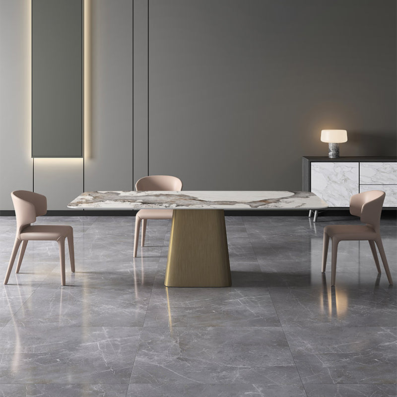 Rectangle Contemporary Dining Room Table White Sintered Stone Table with Pedestal Base Gold Without Chairs Clearhalo ' dining_table' 'Dining Tables & Seating' 'Dining Tables' 'furn' 'furn_dining_table' 'Furniture' 'furniture_dining_table' 'Kitchen & Dining Furniture' 'kitchen&dining_furn' 'kitchen' 'kitchen_dining_table' 4196091