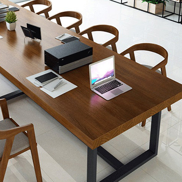 Rectangle Trestle Base Industrial Table Wood Color Fixed Table of Solid Wood Clearhalo ' dining_table' 'Dining Tables & Seating' 'Dining Tables' 'furn' 'furn_dining_table' 'Furniture' 'furniture_dining_table' 'Kitchen & Dining Furniture' 'kitchen&dining_furn' 'kitchen' 'kitchen_dining_table' 4196111