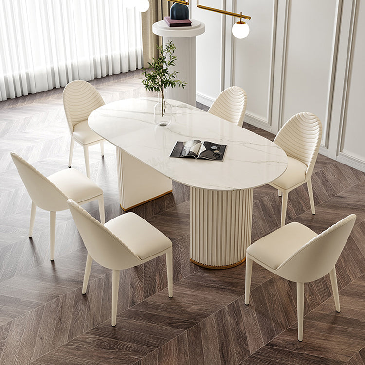Oval Traditional Luxury Dining Table White Sintered Stone Table with White Double Pedestal Clearhalo ' dining_table' 'Dining Tables & Seating' 'Dining Tables' 'furn' 'furn_dining_table' 'Furniture' 'furniture_dining_table' 'Kitchen & Dining Furniture' 'kitchen&dining_furn' 'kitchen' 'kitchen_dining_table' 4196134