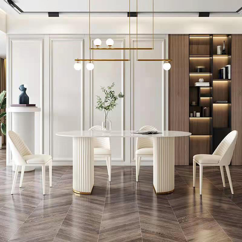 Oval Traditional Luxury Dining Table White Sintered Stone Table with White Double Pedestal Clearhalo ' dining_table' 'Dining Tables & Seating' 'Dining Tables' 'furn' 'furn_dining_table' 'Furniture' 'furniture_dining_table' 'Kitchen & Dining Furniture' 'kitchen&dining_furn' 'kitchen' 'kitchen_dining_table' 4196135