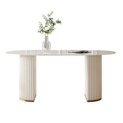 Oval Traditional Luxury Dining Table White Sintered Stone Table with White Double Pedestal Without Chairs Clearhalo ' dining_table' 'Dining Tables & Seating' 'Dining Tables' 'furn' 'furn_dining_table' 'Furniture' 'furniture_dining_table' 'Kitchen & Dining Furniture' 'kitchen&dining_furn' 'kitchen' 'kitchen_dining_table' 4196138
