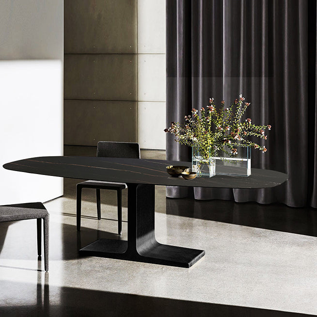 Oval Contemporary Dining Table Black Sintered Stone Table with Pedestal Base Clearhalo ' dining_table' 'Dining Tables & Seating' 'Dining Tables' 'furn' 'furn_dining_table' 'Furniture' 'furniture_dining_table' 'Kitchen & Dining Furniture' 'kitchen&dining_furn' 'kitchen' 'kitchen_dining_table' 4196204