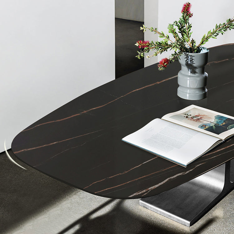 Oval Contemporary Dining Table Black Sintered Stone Table with Pedestal Base Clearhalo ' dining_table' 'Dining Tables & Seating' 'Dining Tables' 'furn' 'furn_dining_table' 'Furniture' 'furniture_dining_table' 'Kitchen & Dining Furniture' 'kitchen&dining_furn' 'kitchen' 'kitchen_dining_table' 4196206