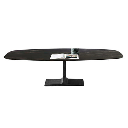 Oval Contemporary Dining Table Black Sintered Stone Table with Pedestal Base Without Chairs Clearhalo ' dining_table' 'Dining Tables & Seating' 'Dining Tables' 'furn' 'furn_dining_table' 'Furniture' 'furniture_dining_table' 'Kitchen & Dining Furniture' 'kitchen&dining_furn' 'kitchen' 'kitchen_dining_table' 4196207