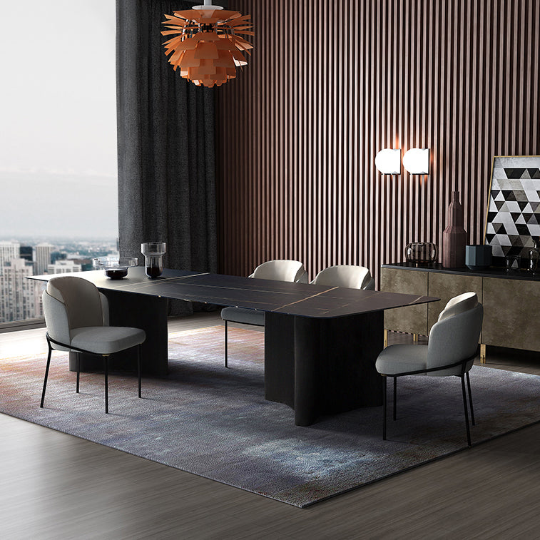 Industrial Sintered Stone Table for Restaurant Rectangle Dining Table with Double Pedestal in Black Clearhalo ' dining_table' 'Dining Tables & Seating' 'Dining Tables' 'furn' 'furn_dining_table' 'Furniture' 'furniture_dining_table' 'Kitchen & Dining Furniture' 'kitchen&dining_furn' 'kitchen' 'kitchen_dining_table' 4196269