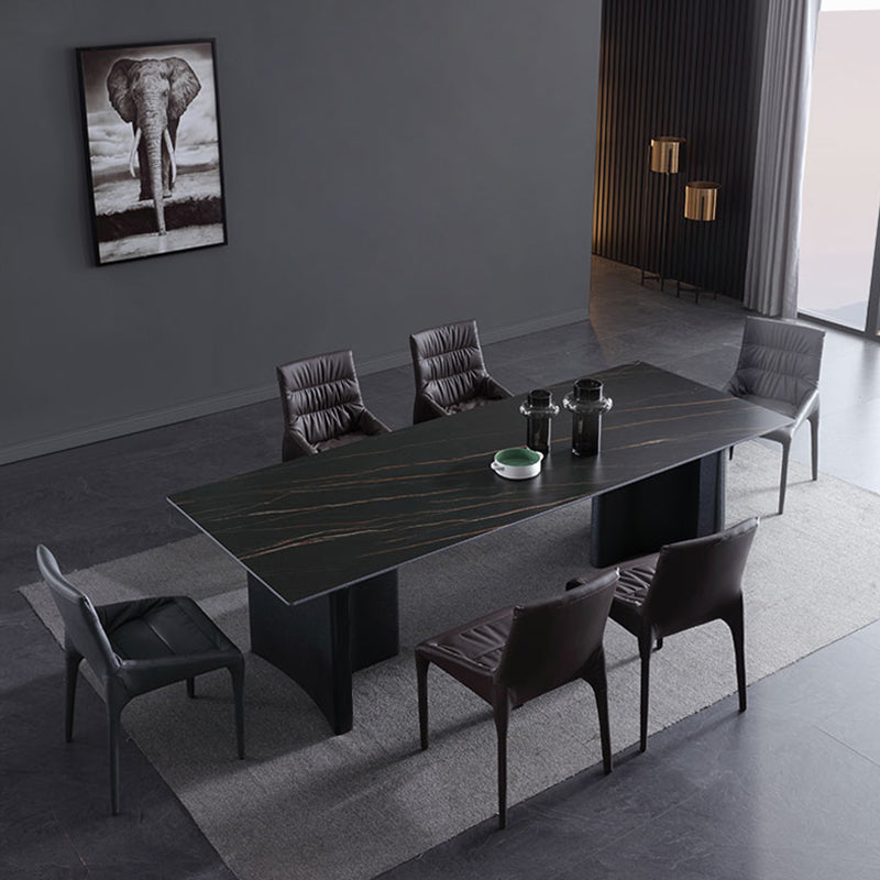 Industrial Sintered Stone Table for Restaurant Rectangle Dining Table with Double Pedestal in Black Clearhalo ' dining_table' 'Dining Tables & Seating' 'Dining Tables' 'furn' 'furn_dining_table' 'Furniture' 'furniture_dining_table' 'Kitchen & Dining Furniture' 'kitchen&dining_furn' 'kitchen' 'kitchen_dining_table' 4196271