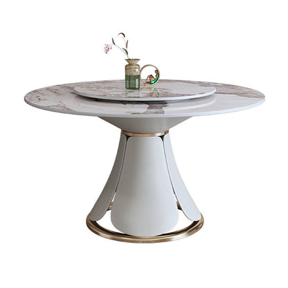 Glam Gray Sintered Stone Table Round Shape Standard Dining Table with Pedestal Base Without Chairs Clearhalo ' dining_table' 'Dining Tables & Seating' 'Dining Tables' 'furn' 'furn_dining_table' 'Furniture' 'furniture_dining_table' 'Kitchen & Dining Furniture' 'kitchen&dining_furn' 'kitchen' 'kitchen_dining_table' 4196458