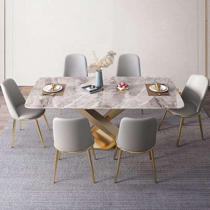 Rectangle Traditional Luxury Dining Table Grey Sintered Stone Table with Gold Pedestal Base Clearhalo ' dining_table' 'Dining Tables & Seating' 'Dining Tables' 'furn' 'furn_dining_table' 'Furniture' 'furniture_dining_table' 'Kitchen & Dining Furniture' 'kitchen&dining_furn' 'kitchen' 'kitchen_dining_table' 4196835