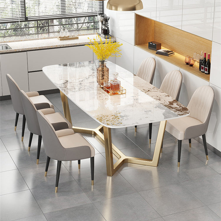 Traditional Luxury Dining Table Rectangle Sintered Stone Trestle Table with Gold Frame Clearhalo ' dining_table' 'Dining Tables & Seating' 'Dining Tables' 'furn' 'furn_dining_table' 'Furniture' 'furniture_dining_table' 'Kitchen & Dining Furniture' 'kitchen&dining_furn' 'kitchen' 'kitchen_dining_table' 4197013