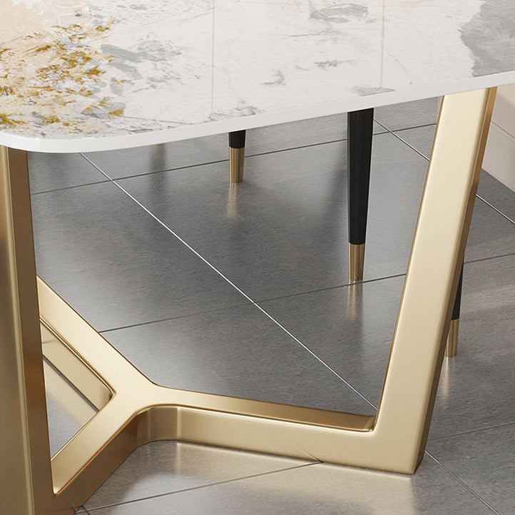 Traditional Luxury Dining Table Rectangle Sintered Stone Trestle Table with Gold Frame Clearhalo ' dining_table' 'Dining Tables & Seating' 'Dining Tables' 'furn' 'furn_dining_table' 'Furniture' 'furniture_dining_table' 'Kitchen & Dining Furniture' 'kitchen&dining_furn' 'kitchen' 'kitchen_dining_table' 4197019