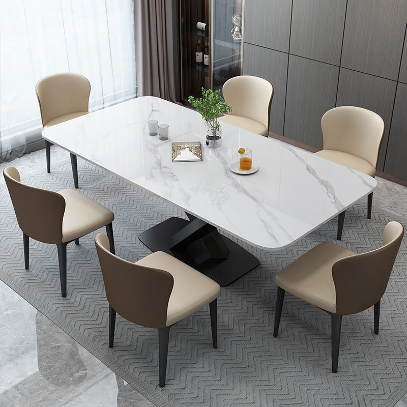Luxury Style Sintered Stone Table Black Single Pedestal Base Rectangle Table for Home White Without Chairs Clearhalo ' dining_table' 'Dining Tables & Seating' 'Dining Tables' 'furn' 'furn_dining_table' 'Furniture' 'furniture_dining_table' 'Kitchen & Dining Furniture' 'kitchen&dining_furn' 'kitchen' 'kitchen_dining_table' 4197122