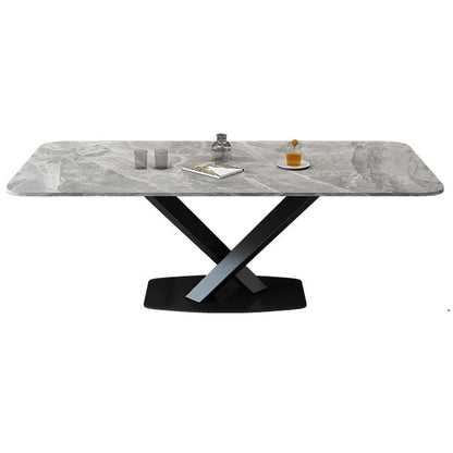 Luxury Style Sintered Stone Table Black Single Pedestal Base Rectangle Table for Home Gray Without Chairs Clearhalo ' dining_table' 'Dining Tables & Seating' 'Dining Tables' 'furn' 'furn_dining_table' 'Furniture' 'furniture_dining_table' 'Kitchen & Dining Furniture' 'kitchen&dining_furn' 'kitchen' 'kitchen_dining_table' 4197124
