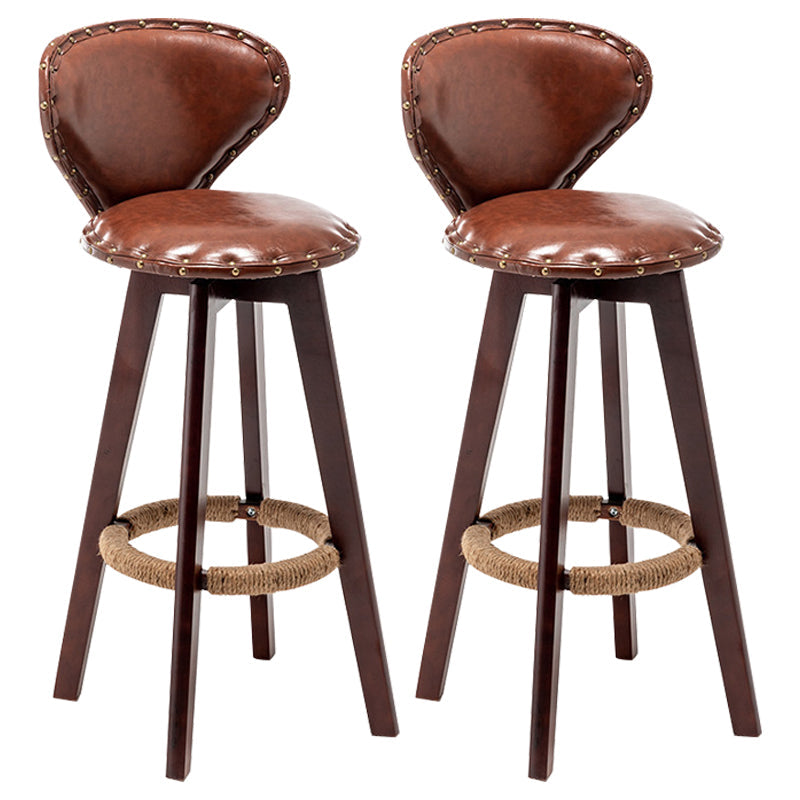 Scandinavian Wood Leather Counter Stools Low Back Bar Stools with Round Seat Brown Brown 2 Piece Set Clearhalo 'Bar Furniture' 'Bar Stools' 'bar_stools' 'furn' 'furn_bar_stools' 'furniture_bar_stools' 'Kitchen & Dining Furniture' 'kitchen&dining_furn' 'kitchen' 'kitchen_furn' Furniture' 4212346