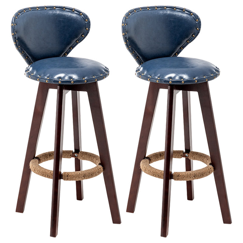 Scandinavian Wood Leather Counter Stools Low Back Bar Stools with Round Seat Blue Brown 2 Piece Set Clearhalo 'Bar Furniture' 'Bar Stools' 'bar_stools' 'furn' 'furn_bar_stools' 'furniture_bar_stools' 'Kitchen & Dining Furniture' 'kitchen&dining_furn' 'kitchen' 'kitchen_furn' Furniture' 4212348