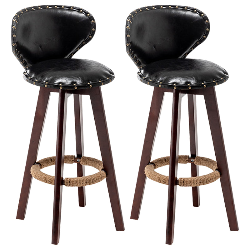Scandinavian Wood Leather Counter Stools Low Back Bar Stools with Round Seat Black Brown 2 Piece Set Clearhalo 'Bar Furniture' 'Bar Stools' 'bar_stools' 'furn' 'furn_bar_stools' 'furniture_bar_stools' 'Kitchen & Dining Furniture' 'kitchen&dining_furn' 'kitchen' 'kitchen_furn' Furniture' 4212352