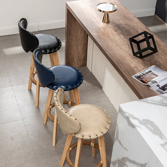 Scandinavian Wood Leather Counter Stools Low Back Bar Stools with Round Seat Clearhalo 'Bar Furniture' 'Bar Stools' 'bar_stools' 'furn' 'furn_bar_stools' 'furniture_bar_stools' 'Kitchen & Dining Furniture' 'kitchen&dining_furn' 'kitchen' 'kitchen_furn' Furniture' 4212353