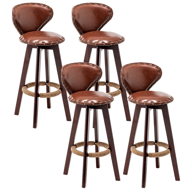 Scandinavian Wood Leather Counter Stools Low Back Bar Stools with Round Seat Brown Brown 4 Piece Set Clearhalo 'Bar Furniture' 'Bar Stools' 'bar_stools' 'furn' 'furn_bar_stools' 'furniture_bar_stools' 'Kitchen & Dining Furniture' 'kitchen&dining_furn' 'kitchen' 'kitchen_furn' Furniture' 4212358