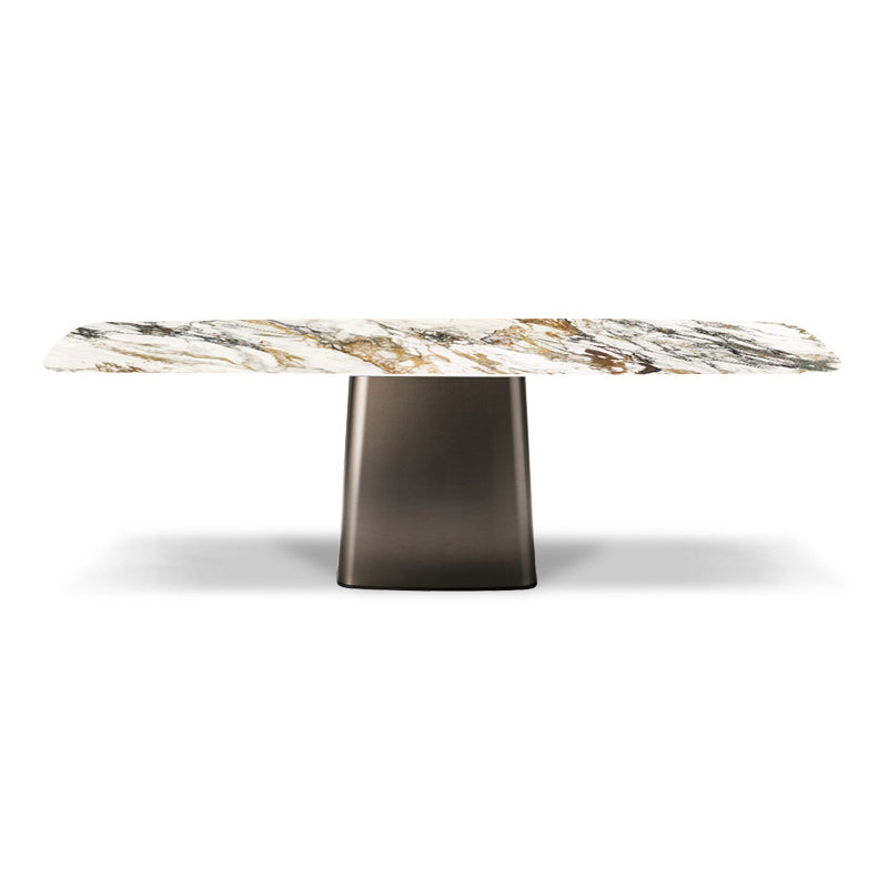 Luxury Style Sintered Stone Table Single Pedestal Base Rectangle Table for Home Gold Without Chairs Clearhalo ' dining_table' 'Dining Tables & Seating' 'Dining Tables' 'furn' 'furn_dining_table' 'Furniture' 'furniture_dining_table' 'Kitchen & Dining Furniture' 'kitchen&dining_furn' 'kitchen' 'kitchen_dining_table' 4238746