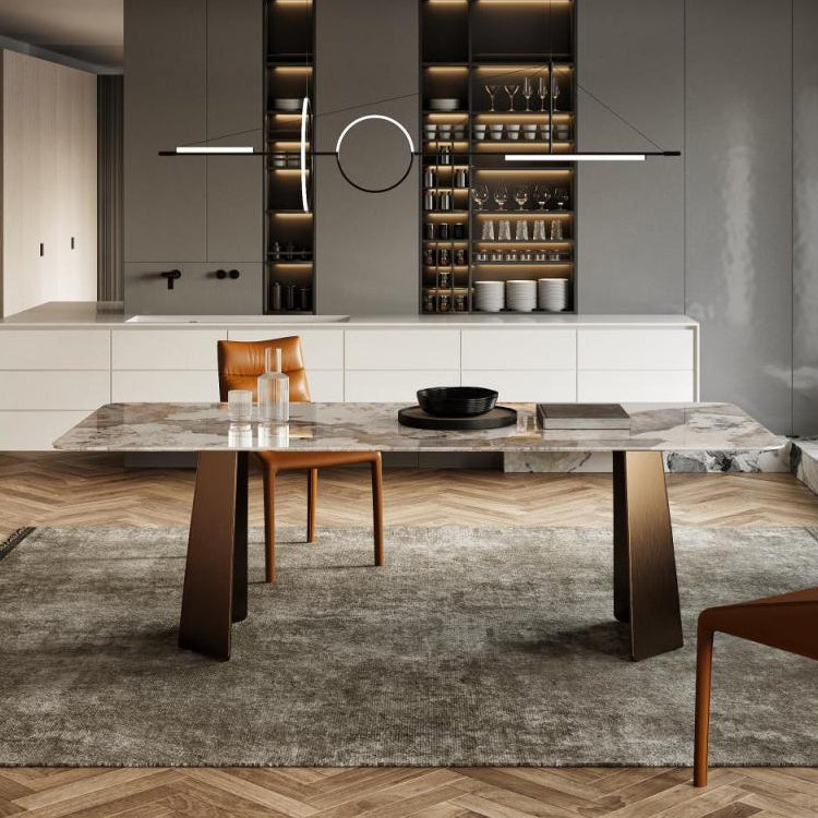 Rectangle Traditional Luxury Table Sintered Stone Table with Gold Double Pedestal Clearhalo ' dining_table' 'Dining Tables & Seating' 'Dining Tables' 'furn' 'furn_dining_table' 'Furniture' 'furniture_dining_table' 'Kitchen & Dining Furniture' 'kitchen&dining_furn' 'kitchen' 'kitchen_dining_table' 4238770