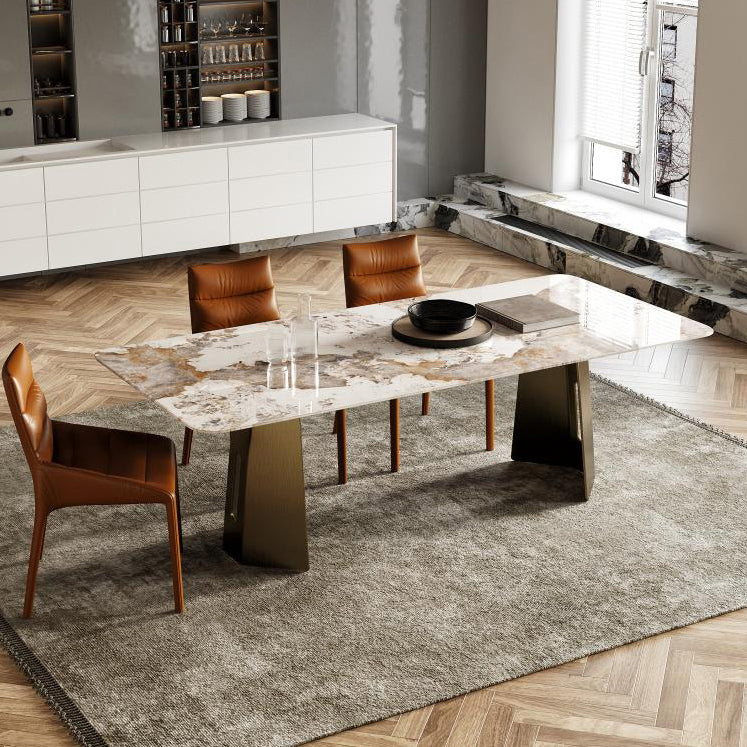 Rectangle Traditional Luxury Table Sintered Stone Table with Gold Double Pedestal Clearhalo ' dining_table' 'Dining Tables & Seating' 'Dining Tables' 'furn' 'furn_dining_table' 'Furniture' 'furniture_dining_table' 'Kitchen & Dining Furniture' 'kitchen&dining_furn' 'kitchen' 'kitchen_dining_table' 4238772
