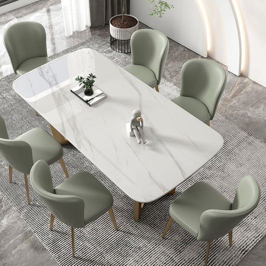 Contemporary Rectangle Dining Room Table White Sintered Stone Table with Gold Trestle Base