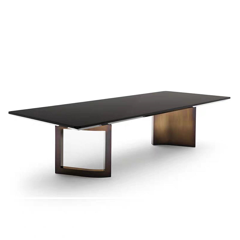 Rectangle Traditional Luxury Dining Table Sintered Stone Table with Gold Double Pedestal Black Without Chairs Clearhalo ' dining_table' 'Dining Tables & Seating' 'Dining Tables' 'furn' 'furn_dining_table' 'Furniture' 'furniture_dining_table' 'Kitchen & Dining Furniture' 'kitchen&dining_furn' 'kitchen' 'kitchen_dining_table' 4238848