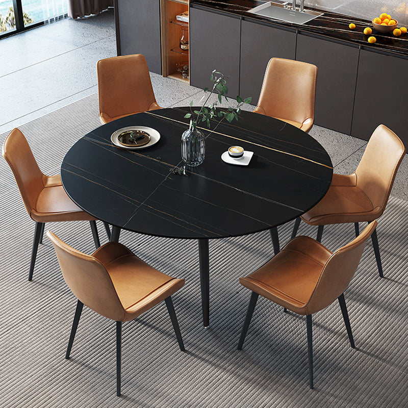 53.15''L Round Contemporary Dining Table Sintered Stone Table with 4 Black Metal Legs Black Without Chairs Clearhalo ' dining_table' 'Dining Tables & Seating' 'Dining Tables' 'furn' 'furn_dining_table' 'Furniture' 'furniture_dining_table' 'Kitchen & Dining Furniture' 'kitchen&dining_furn' 'kitchen' 'kitchen_dining_table' 4238879