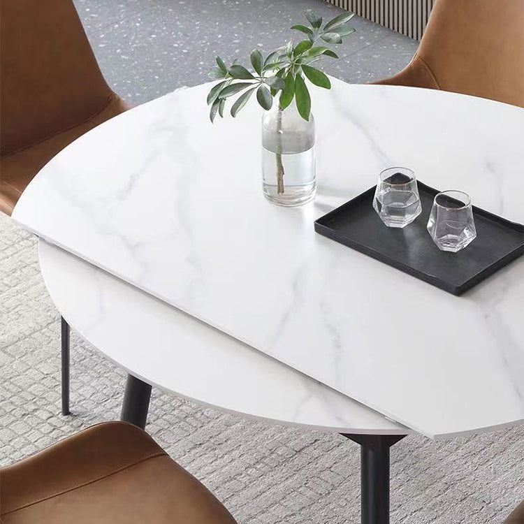 53.15''L Round Contemporary Dining Table Sintered Stone Table with 4 Black Metal Legs Clearhalo ' dining_table' 'Dining Tables & Seating' 'Dining Tables' 'furn' 'furn_dining_table' 'Furniture' 'furniture_dining_table' 'Kitchen & Dining Furniture' 'kitchen&dining_furn' 'kitchen' 'kitchen_dining_table' 4238883