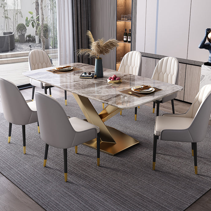 Rectangle Traditional Luxury Table Grey Sintered Stone Table with Gold Pedestal Base Clearhalo ' dining_table' 'Dining Tables & Seating' 'Dining Tables' 'furn' 'furn_dining_table' 'Furniture' 'furniture_dining_table' 'Kitchen & Dining Furniture' 'kitchen&dining_furn' 'kitchen' 'kitchen_dining_table' 4238904