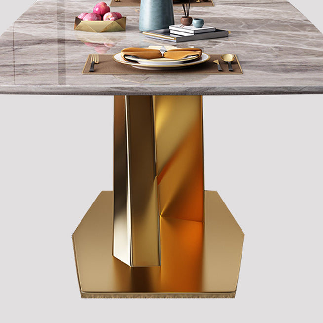 Rectangle Traditional Luxury Table Grey Sintered Stone Table with Gold Pedestal Base Clearhalo ' dining_table' 'Dining Tables & Seating' 'Dining Tables' 'furn' 'furn_dining_table' 'Furniture' 'furniture_dining_table' 'Kitchen & Dining Furniture' 'kitchen&dining_furn' 'kitchen' 'kitchen_dining_table' 4238911