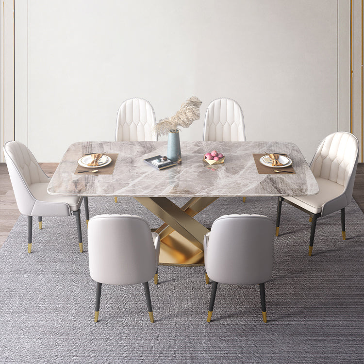 Rectangle Traditional Luxury Table Grey Sintered Stone Table with Gold Pedestal Base Clearhalo ' dining_table' 'Dining Tables & Seating' 'Dining Tables' 'furn' 'furn_dining_table' 'Furniture' 'furniture_dining_table' 'Kitchen & Dining Furniture' 'kitchen&dining_furn' 'kitchen' 'kitchen_dining_table' 4238913