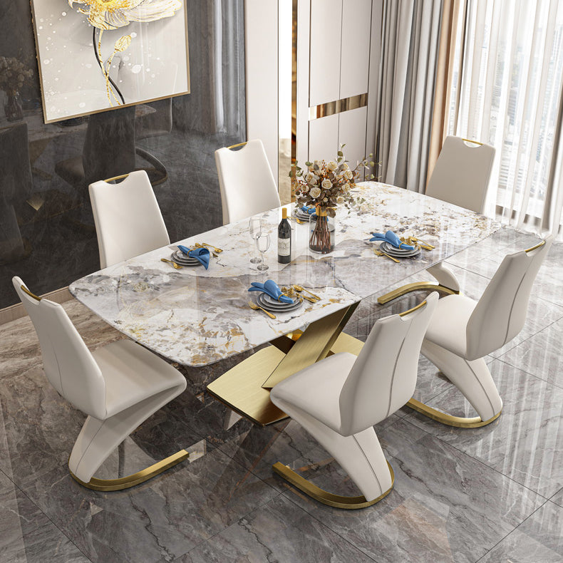 Traditional Luxury Dining Table Rectangle Sintered Stone Pedestal Table with Gold Frame Clearhalo ' dining_table' 'Dining Tables & Seating' 'Dining Tables' 'furn' 'furn_dining_table' 'Furniture' 'furniture_dining_table' 'Kitchen & Dining Furniture' 'kitchen&dining_furn' 'kitchen' 'kitchen_dining_table' 4238948