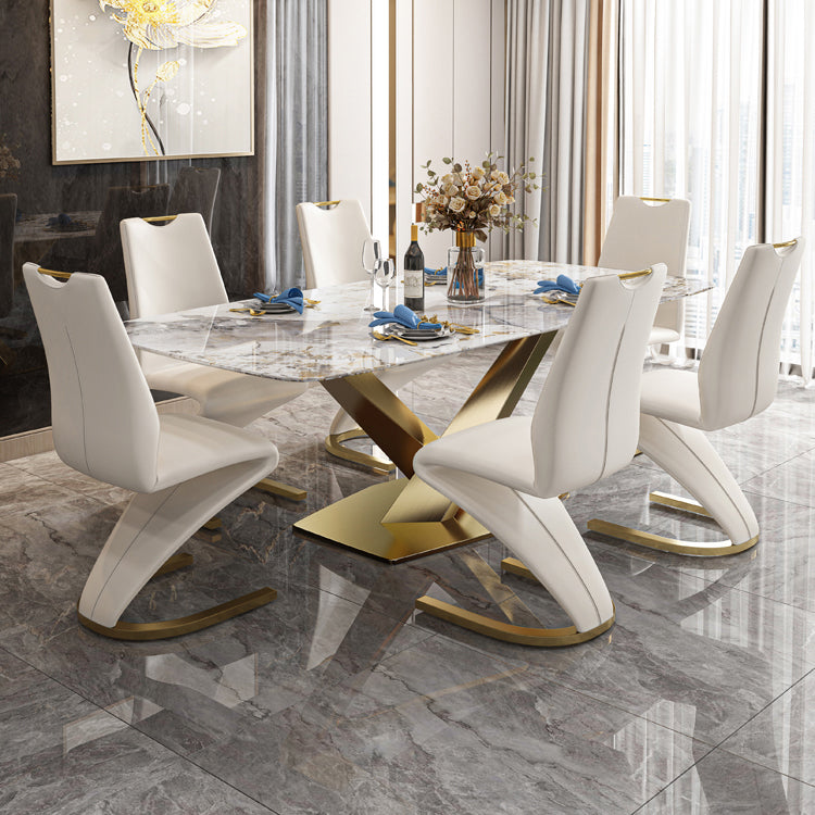 Traditional Luxury Dining Table Rectangle Sintered Stone Pedestal Table with Gold Frame Clearhalo ' dining_table' 'Dining Tables & Seating' 'Dining Tables' 'furn' 'furn_dining_table' 'Furniture' 'furniture_dining_table' 'Kitchen & Dining Furniture' 'kitchen&dining_furn' 'kitchen' 'kitchen_dining_table' 4238949