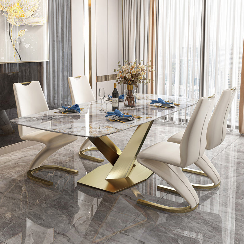 Traditional Luxury Dining Table Rectangle Sintered Stone Pedestal Table with Gold Frame Clearhalo ' dining_table' 'Dining Tables & Seating' 'Dining Tables' 'furn' 'furn_dining_table' 'Furniture' 'furniture_dining_table' 'Kitchen & Dining Furniture' 'kitchen&dining_furn' 'kitchen' 'kitchen_dining_table' 4238950