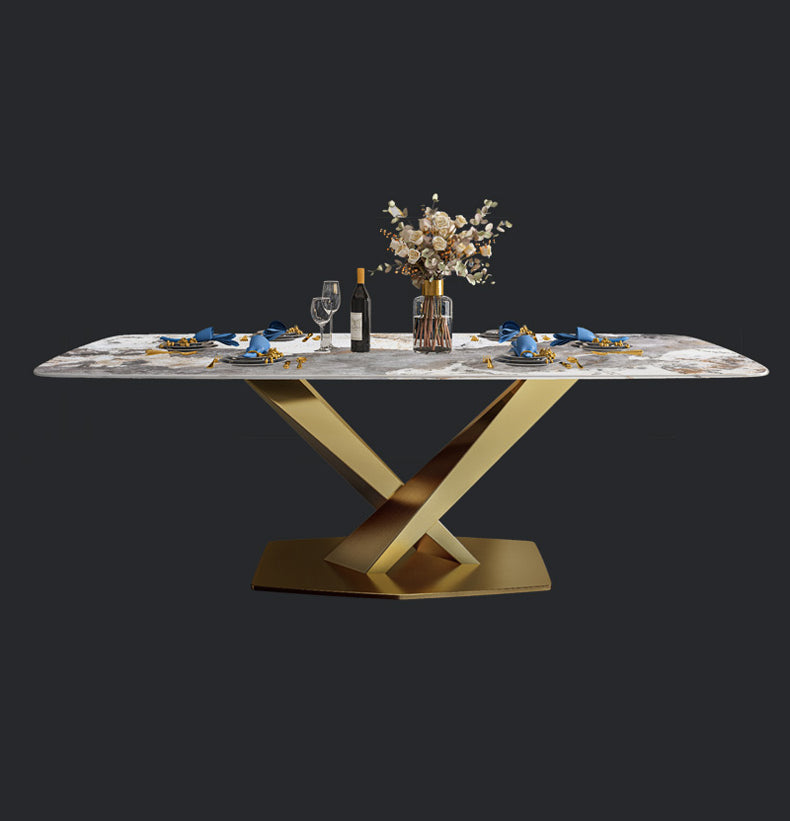 Traditional Luxury Dining Table Rectangle Sintered Stone Pedestal Table with Gold Frame Without Chairs Clearhalo ' dining_table' 'Dining Tables & Seating' 'Dining Tables' 'furn' 'furn_dining_table' 'Furniture' 'furniture_dining_table' 'Kitchen & Dining Furniture' 'kitchen&dining_furn' 'kitchen' 'kitchen_dining_table' 4238952