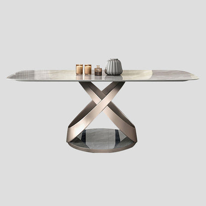 Luxury Sintered Stone Top Table Rectangle Grey Table with Gold Metal Pedestal Without Chairs Clearhalo ' dining_table' 'Dining Tables & Seating' 'Dining Tables' 'furn' 'furn_dining_table' 'Furniture' 'furniture_dining_table' 'Kitchen & Dining Furniture' 'kitchen&dining_furn' 'kitchen' 'kitchen_dining_table' 4239195