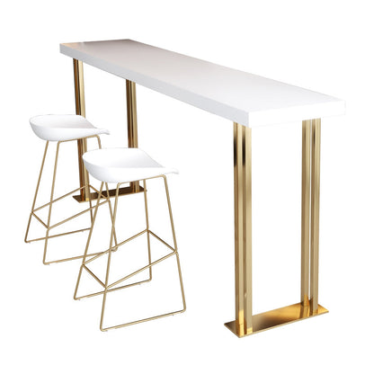 Glam Rectangle Indoor Bar Dining Table White Wood Bistro Table with Sled Pedestal 94.5"L x 15.7"W x 41.3"H Clearhalo 'Bar Furniture' 'Bar Tables' 'bar_tables' 'Furniture' 'furniture_bar_tables' 'Kitchen & Dining Furniture' 'kitchen&dining_furn' 'kitchen' 4240269